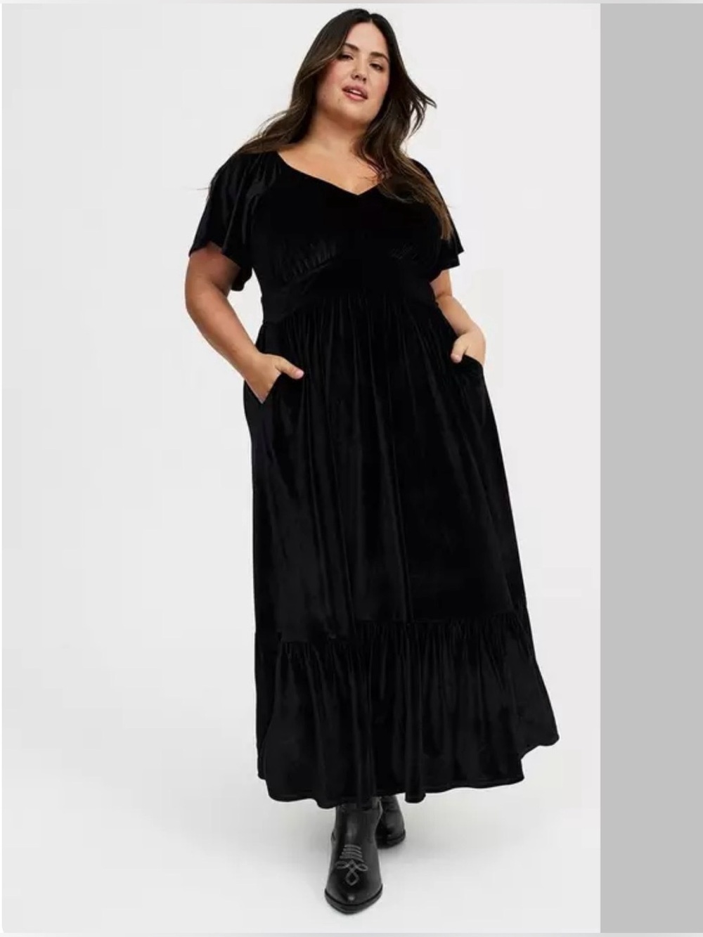Torrid Black Velvet Flutter Sleeve Surplice Maxi Dress with Pockets Size 1X